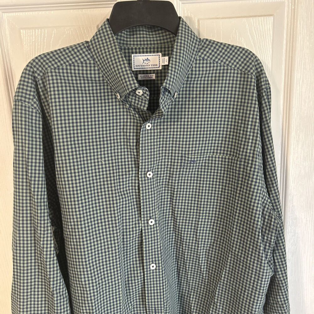 Southern Tide Green & Navy Checkered Long Sleeve Mens, Size L